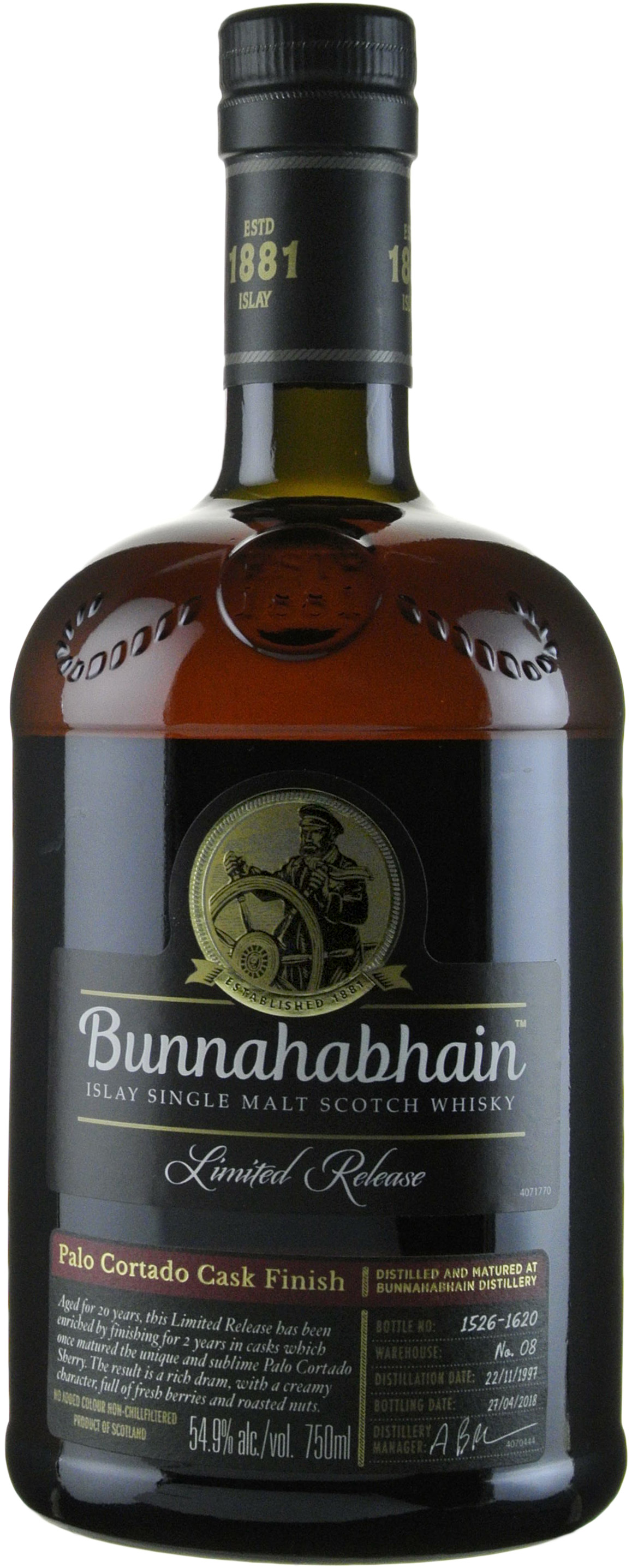 Bunnahabhain 20 year old Palo Cortado Cask Finished Islay Single Malt 1997