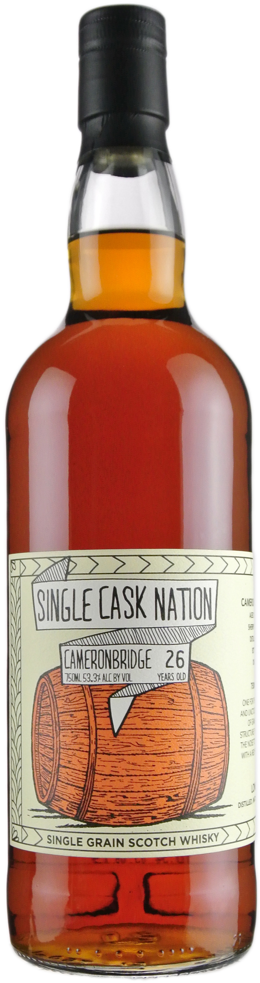 Single Cask Nation Cameronbridge 26 year old Cask Strength Single Grain Whisky from Refill ex Sherry Butt # 115127 1992