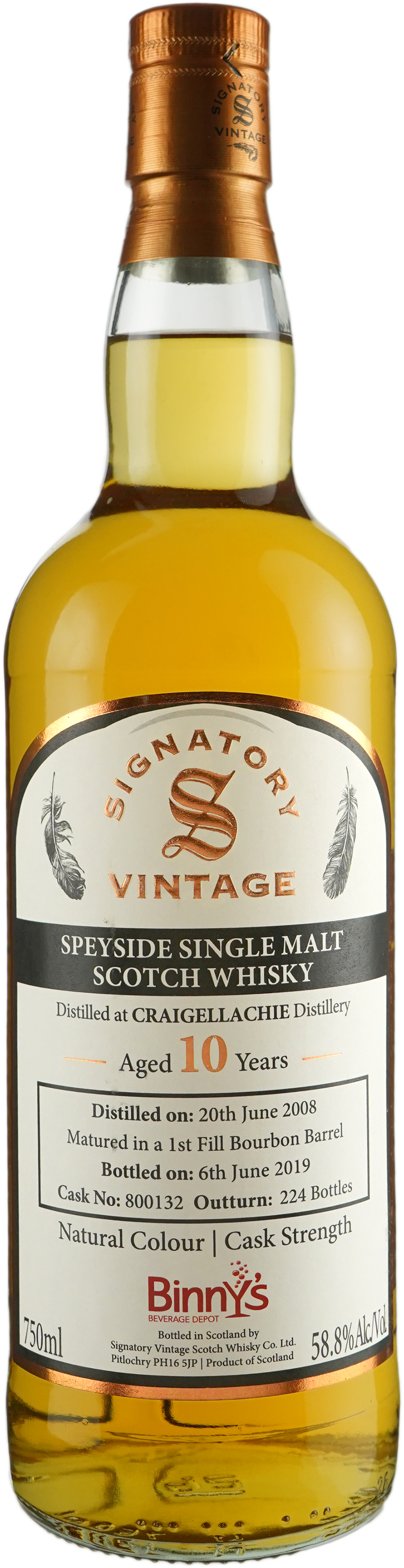 Signatory Craigellachie 10 year old First FIll Bourbon Barrel # 800132 Binny's Handpicked 2008