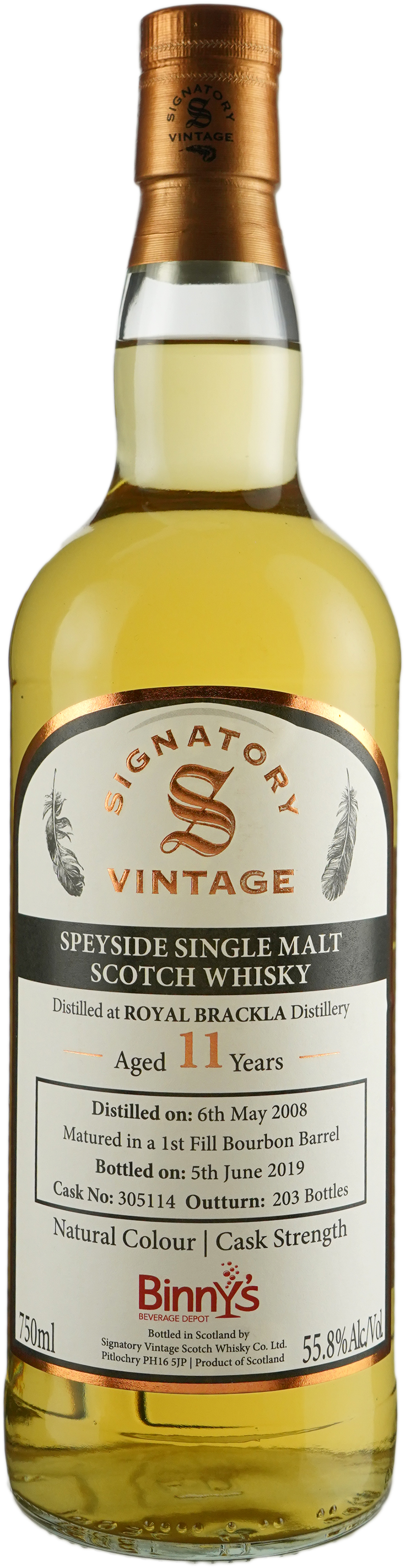 Signatory Brackla 11 year old First Fill Bourbon Barrel # 305144 Binny's Handpicked 2008