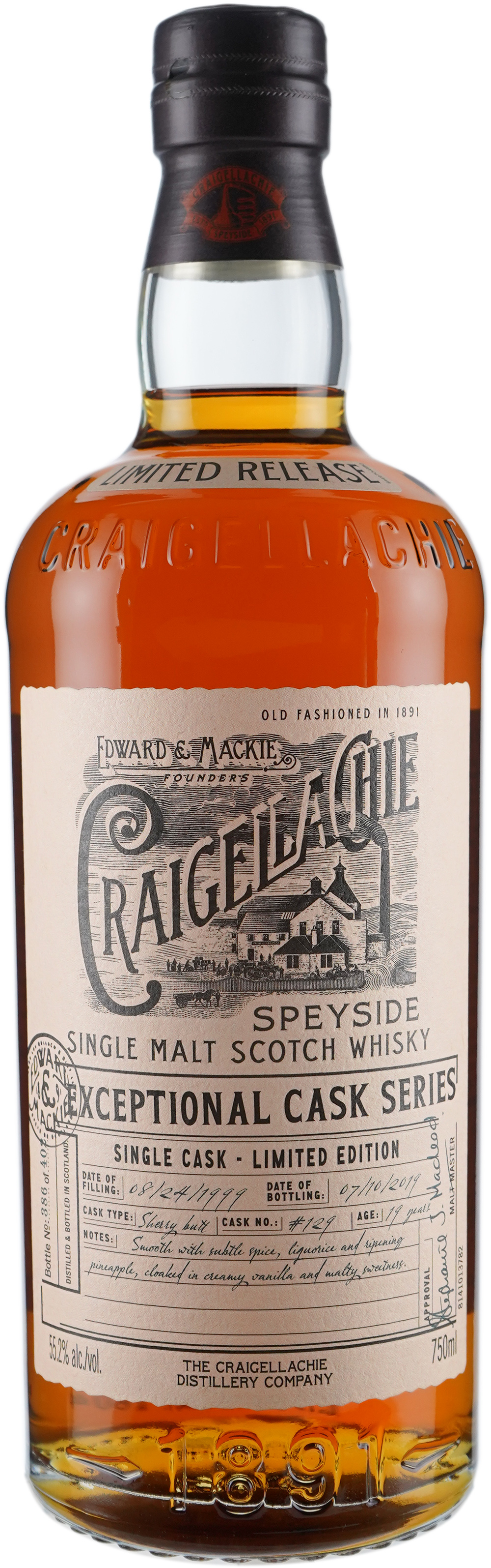 Craigellachie Exceptional Cask Series 19 year old 2nd Fill Sherry Butt # 129 1999