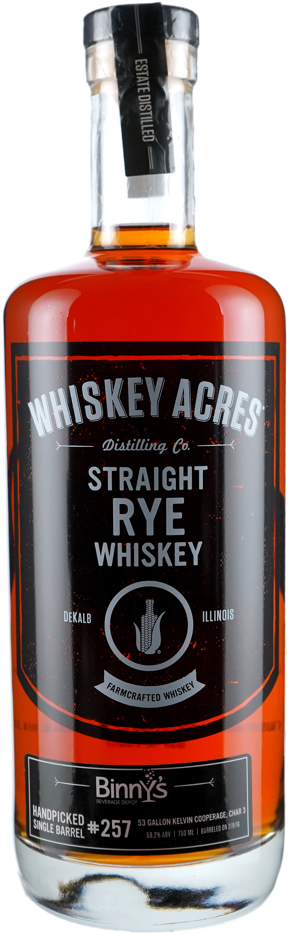 Whiskey Acres Rye Farmcrafted Single Barrel # 257 Binny's Handpicked