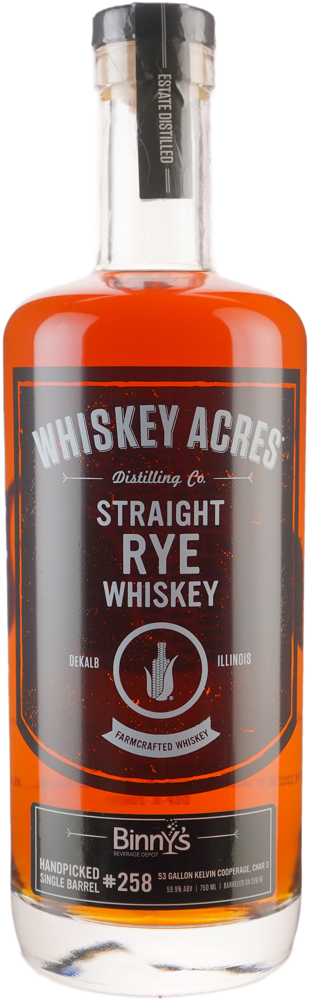 Whiskey Acres Rye Farmcrafted Single Barrel # 258 Binny's Handpicked